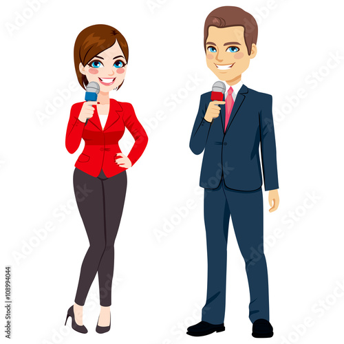 Standing male and female reporter with microphone isolated on white background
