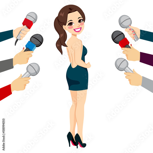 Beautiful young famous woman posing for paparazzi and getting attention from press