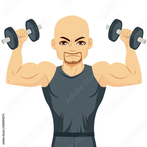 Serious bodybuilder muscular bald man doing exercising with dumbbells isolated on white background