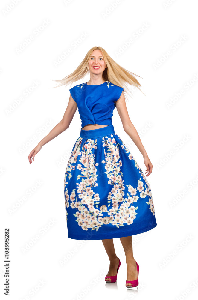 Woman in long blue folral dress isolated on white Woman in long blue folral dress isolated on white