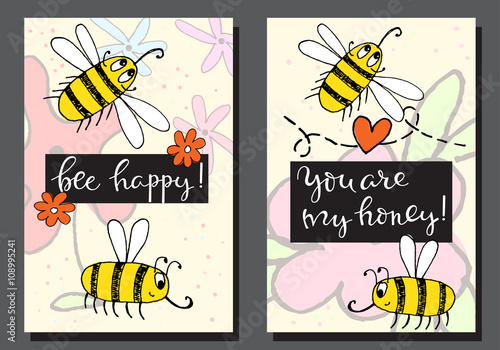 Cute greeting cards with bees and flowers.