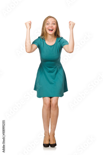 Charming caucasian woman wearing green dress isolated on white
