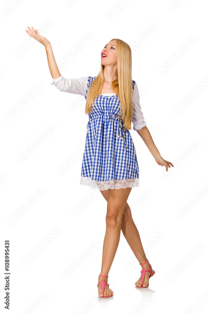 Fototapeta premium Caucasian woman in plaid blue dress isolated on white