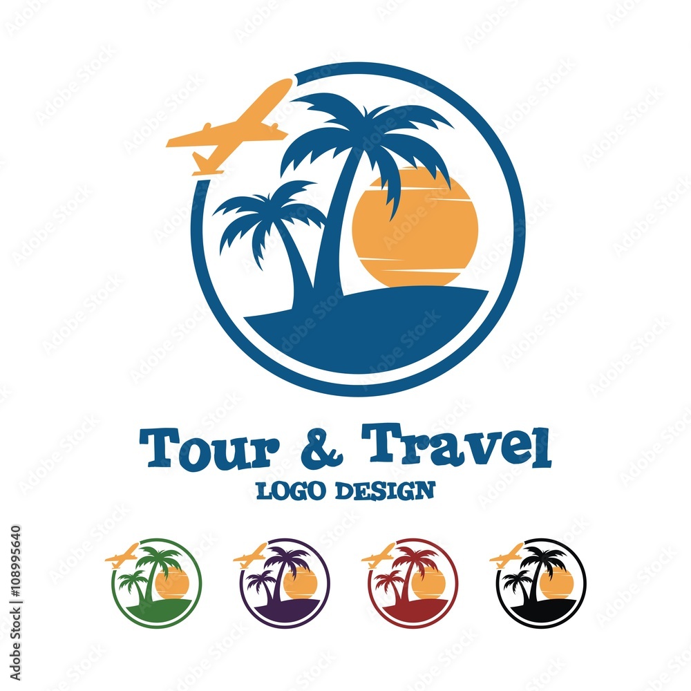 Travel And Tour Logo Design, Palm, Plane, Sun, Circle Design Logo ...