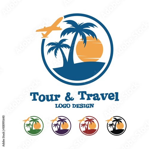 Travel And Tour Logo Design, Palm, Plane, Sun, Circle Design Logo Vector