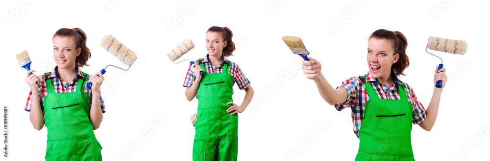 Woman painter with paintbrush on white Woman painter with paintbrush on white
