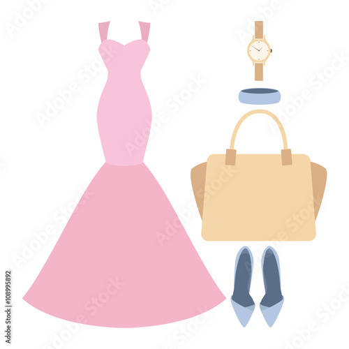 Set of trendy women's clothes with dress and accessories