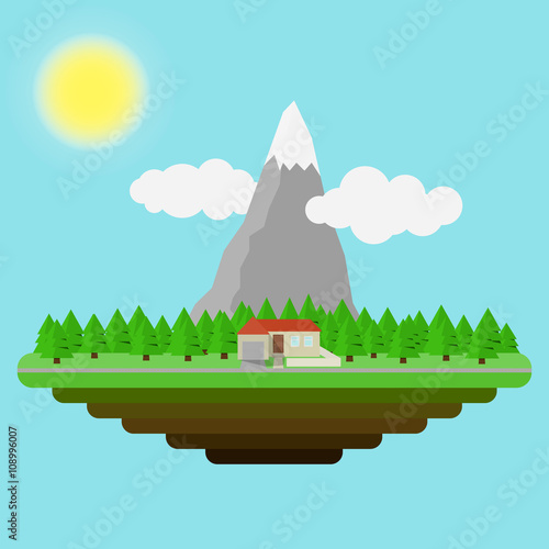 Flying island with house,forest amd mountain