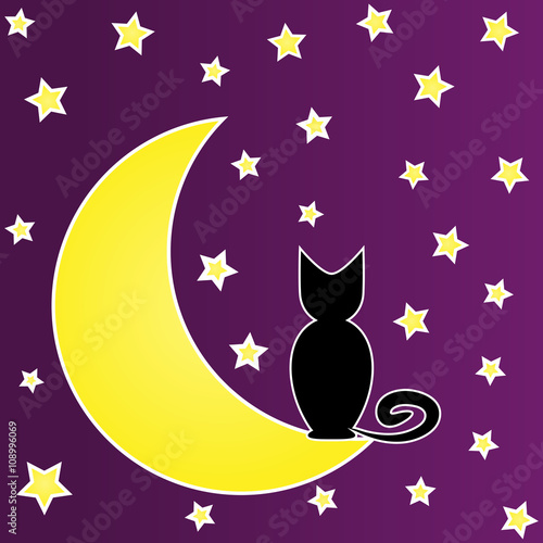 Black cat sitting on the moon surrounded by stars. Caricature.