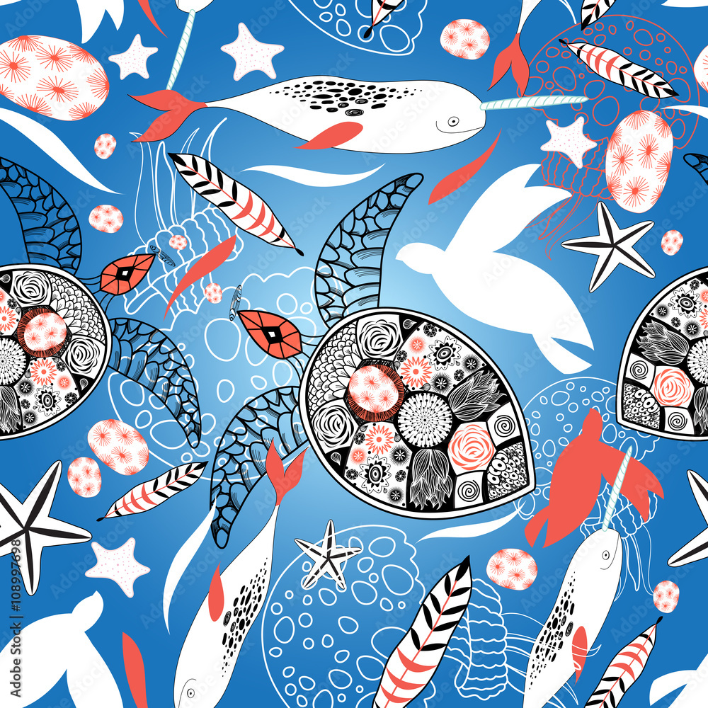 Obraz premium Wzór z żółwiami morskimi i wielorybami