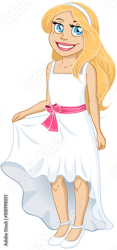 Pretty Blond Girl With White Dress And Bow