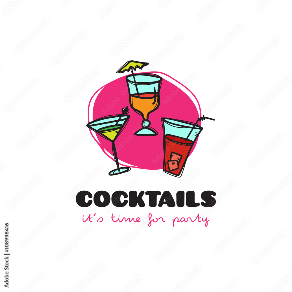 Vector funny cartoon style cocktail bar logo with three glasses. Sketchy  doodle cafe logo Stock Vector | Adobe Stock