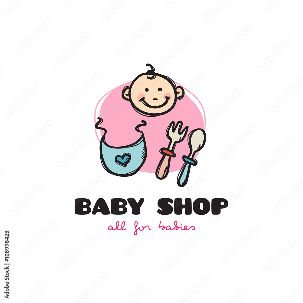 Vector funny cartoon style baby shop logo. Sketchy doodle baby accessories store logo