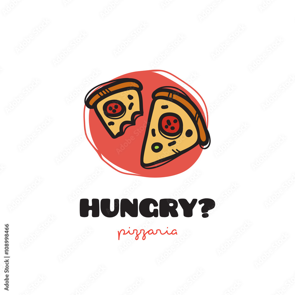 Vector funny doodle style pizza slices logo. Sketchy snack bar and cafe logo Vector funny doodle style pizza slices logo. Sketchy snack bar and cafe logo