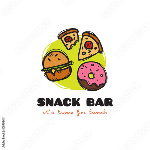 Vector funny cartoon style snack bar logo with burger, pizza and donut.  Sketchy doodle cafe logo Stock Vector | Adobe Stock