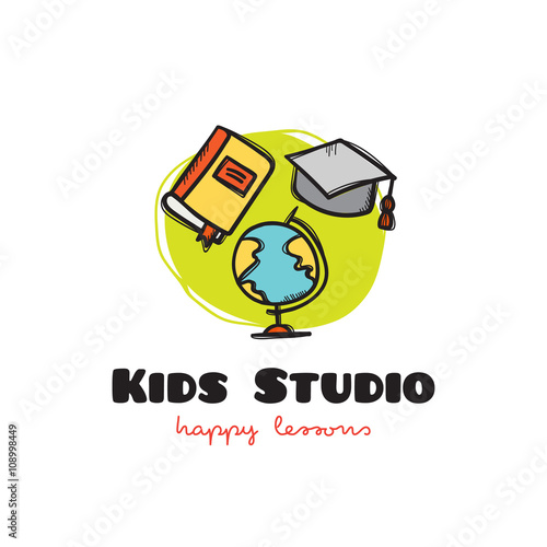 Vector funny cartoon style educational logo with globe, book and graduation hat. Sketchy doodle school logo