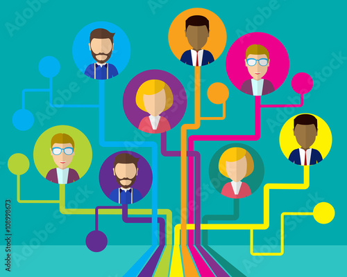 Communication tree with rounded corner. Office workers in a flat style 