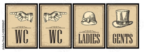Toilet retro vintage grunge poster. Ladies, Cents, Pointing finger.  Vector vintage engraved illustration on a beige background.  For bars, restaurants, cafes, pubs