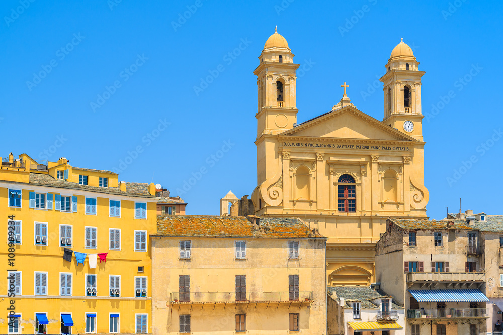 A view of cathedral building in Bastia port, Corsica island, France