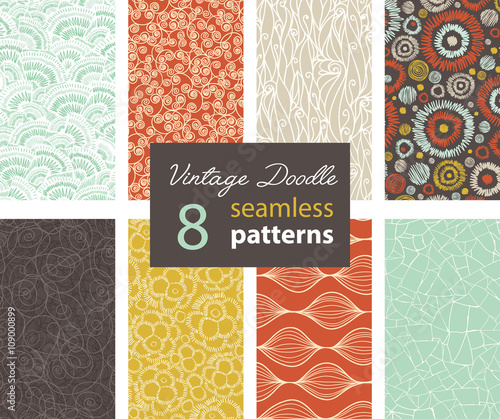 Vector Vintage Doodle Repeat Seamless Patterns 8 Set With Various Hand Drawn Textures In Matching Prints. Perfect for scrapbooking, wallpaper, bedding, furniture, packaging.