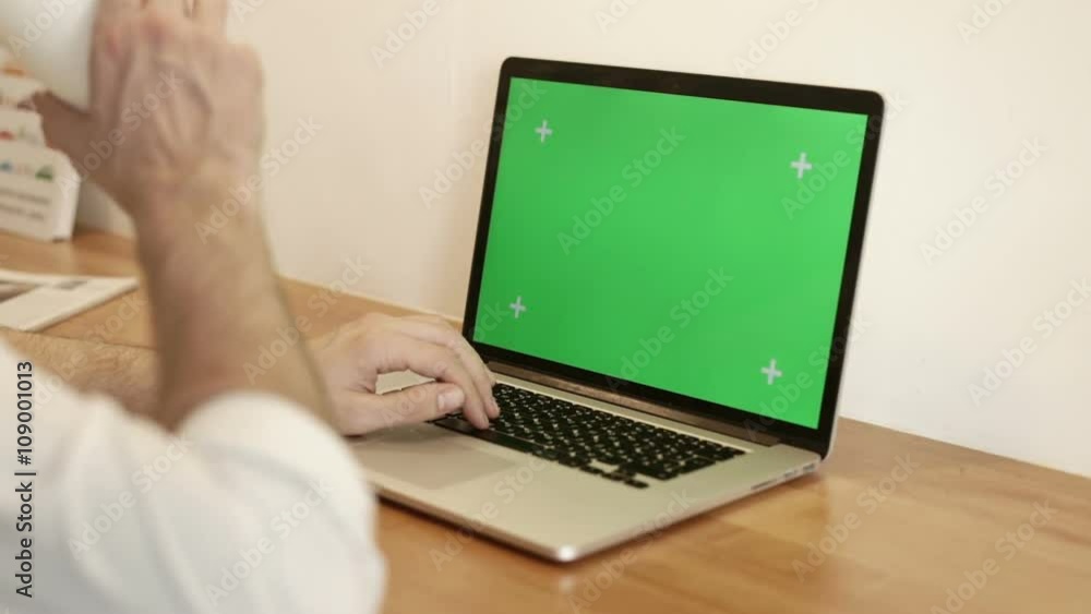 young handsome man works on laptop computer in the office - green screen young handsome man works on laptop computer in the office - green screen