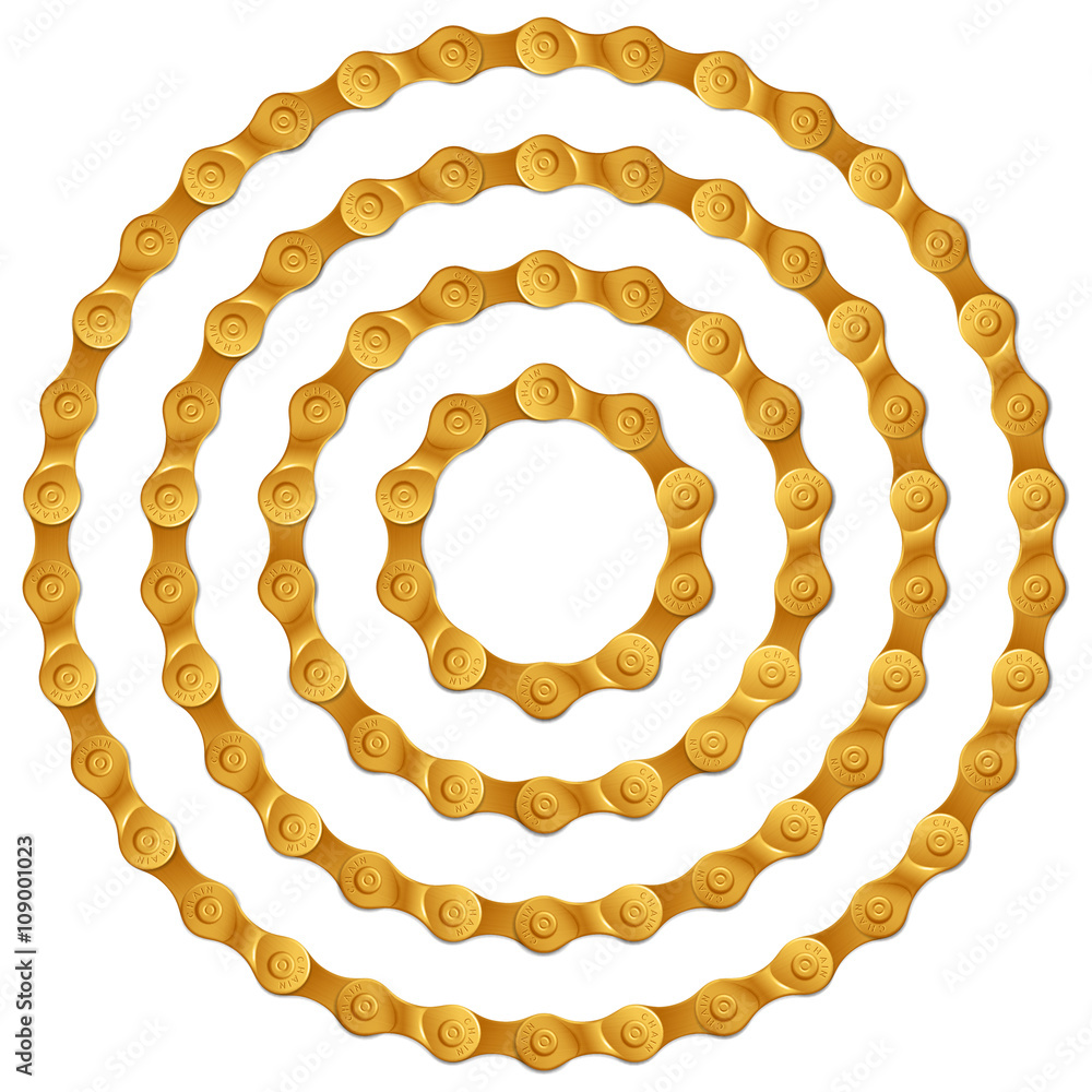 Fototapeta premium Set of round frames made of golden metal bicycle chain, isolated on white, vector illustration