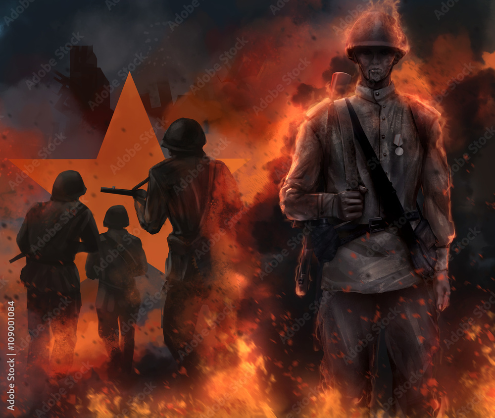 Illustration of a mystic soviet soldier standing in fire and fog with running warriors and red star behind him.