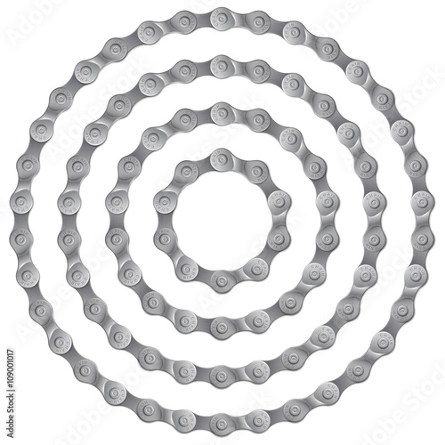 Set of round frames made of metal bicycle chain, isolated on white, vector illustration