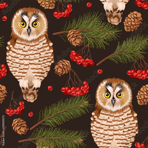 Seamless owl, rowan and fir branches