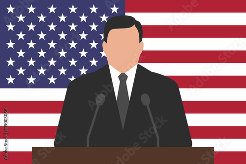 Politician behind podium, USA flag at background