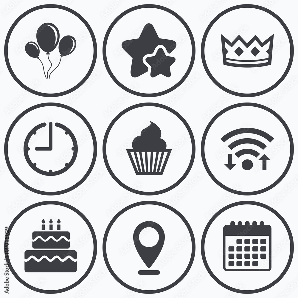 Birthday party icons. Cake and cupcake symbol.