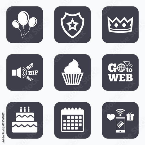 Birthday party icons. Cake and cupcake symbol.