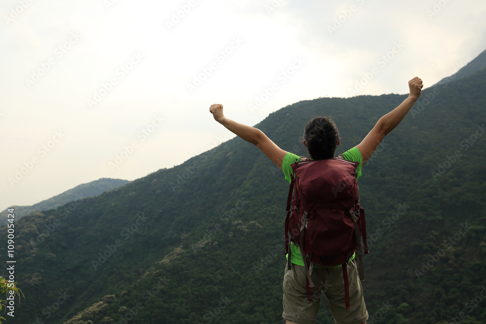 cheering young woman hiker open arms outdoor cheering young woman hiker open arms outdoor