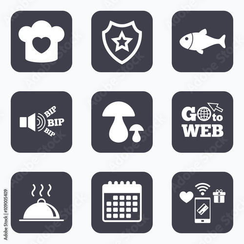 Chief hat  cooking pan icons. Fish and mushrooms
