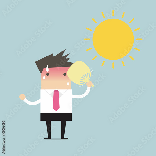 Businessman very hot with folding fan blow and the sun