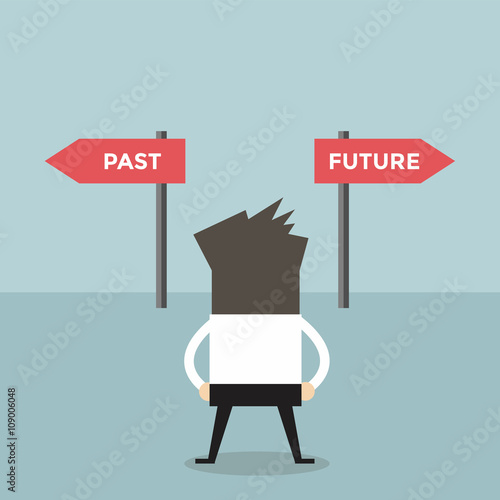 Businessman decision about past and future way