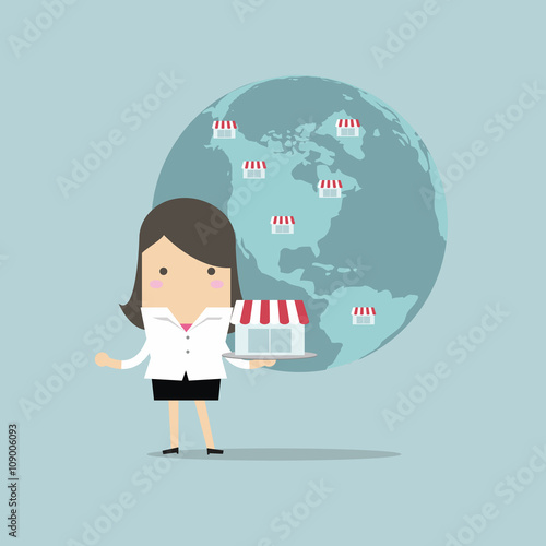 Businesswoman show his business on global, Franchise Concept.