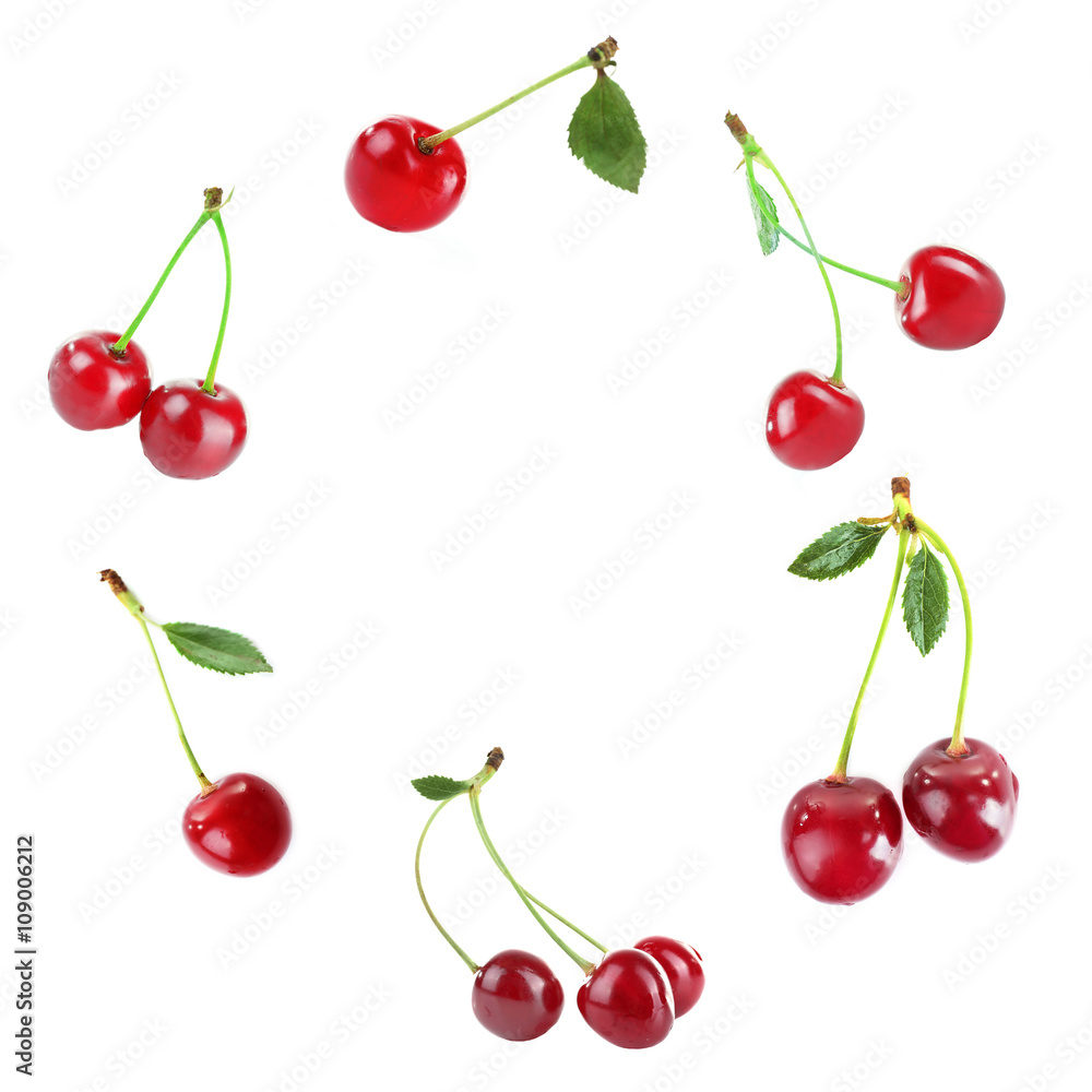 Round frame made of cherries isolated on white Round frame made of cherries isolated on white