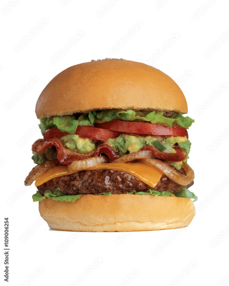 Hamburger with Guacamole,tomatoes,lettuce grilled onions,cheese,bacon. Hamburger with Guacamole,tomatoes,lettuce grilled onions,cheese,bacon.
