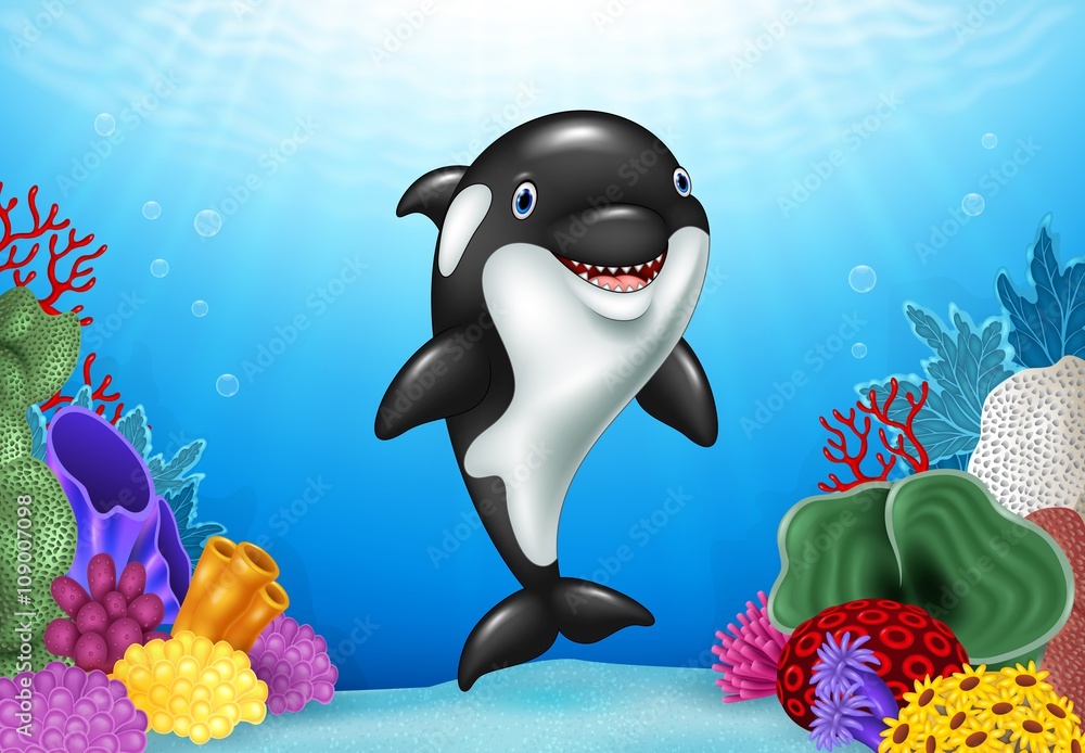 Fototapeta premium Cute orca with beautiful underwater world
