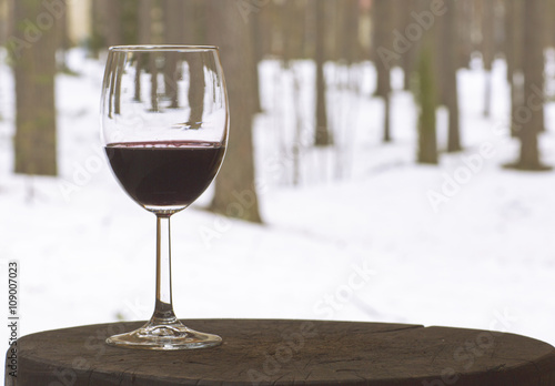 Red wine in glass goblet on a background of trees. A glass of wine and a winter forest landscape. 