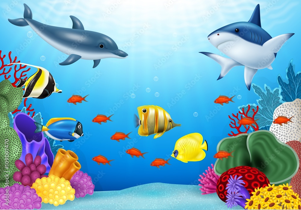 Naklejka premium Beautiful underwater world with corals and tropical fish.