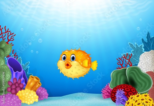 Cartoon puffer fish with Coral Reef Underwater in Ocean