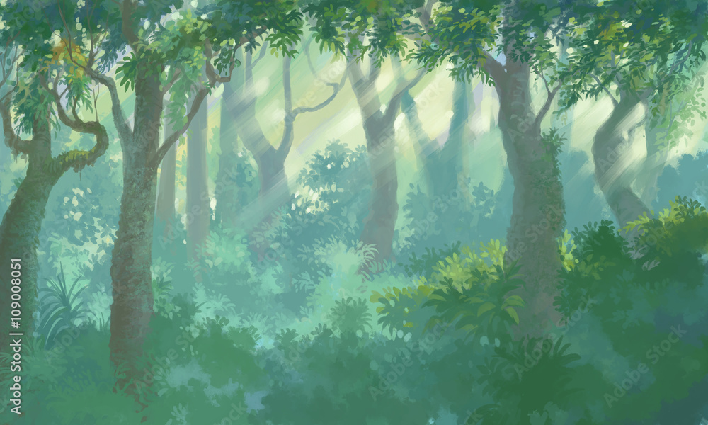 Naklejka premium wewnątrz lasu ilustracja malowanie tła