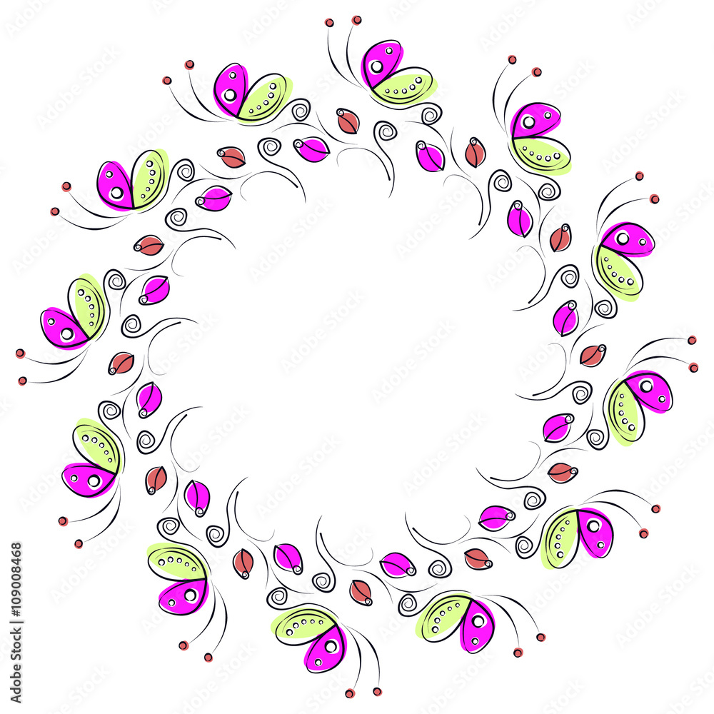 Vector floral frame with insects. Cute drawn border in the shape of circle with decorative roses and butterflies. Series of Cards, Blanks, Frames and Forms. Vector floral frame with insects. Cute drawn border in the shape of circle with decorative roses and butterflies. Series of Cards, Blanks, Frames and Forms.