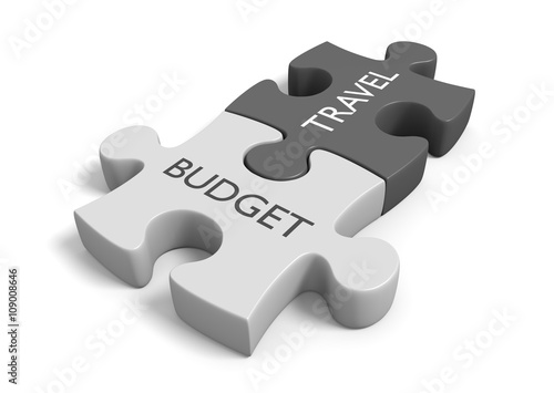Two connected puzzle pieces with the words budget travel, 3D rendering