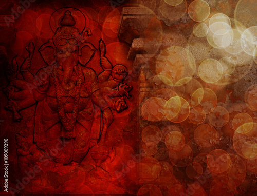 Bild auf Leinwand Hindu God Ganesh with Many Arms Red Grunge