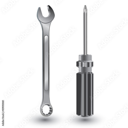 Screwdriver and Wrench.Object tool isolated on white background. Screw Driver with Wrench on a white background.