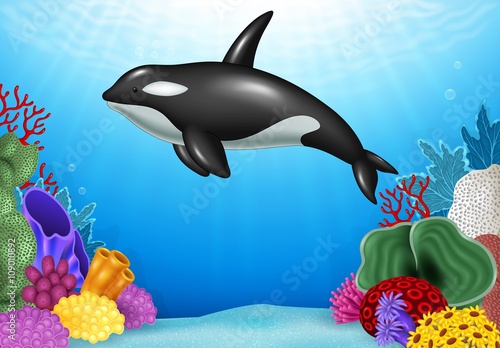 Fototapeta Naklejka Na Ścianę i Meble -  Cartoon Killer whale with Coral Reef Underwater in Ocean