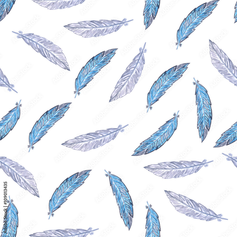 Fototapeta premium Seamless pattern with watercolor feathers.